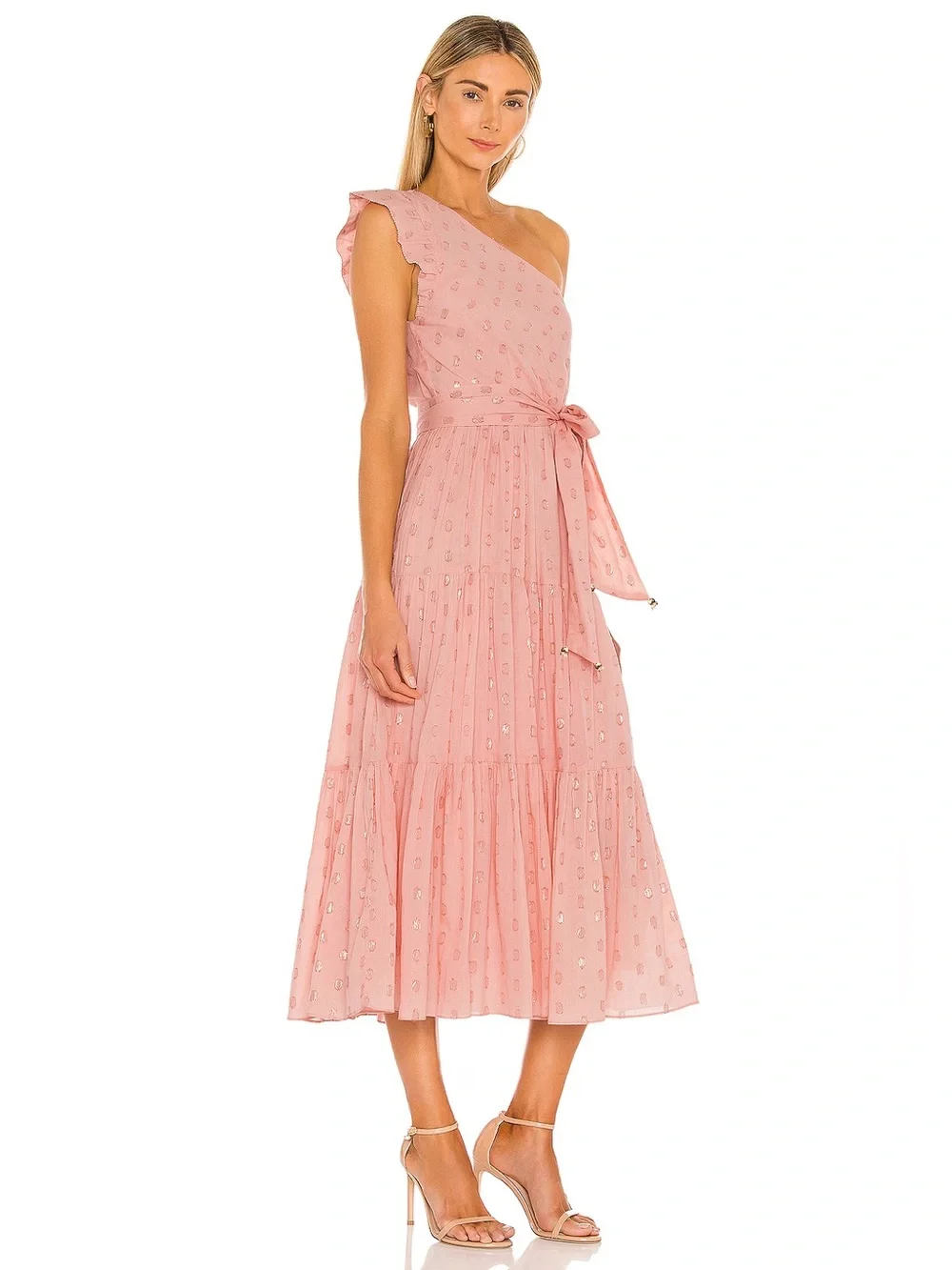 Karina Grimaldi Pauline Dot Dress Blush One Shoulder Midi Size Large - Picture 3 of 14